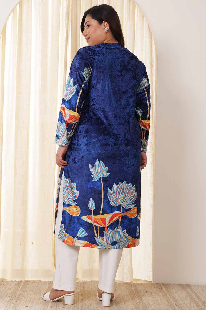 Plus Size Blue Floral Velvet Kurta