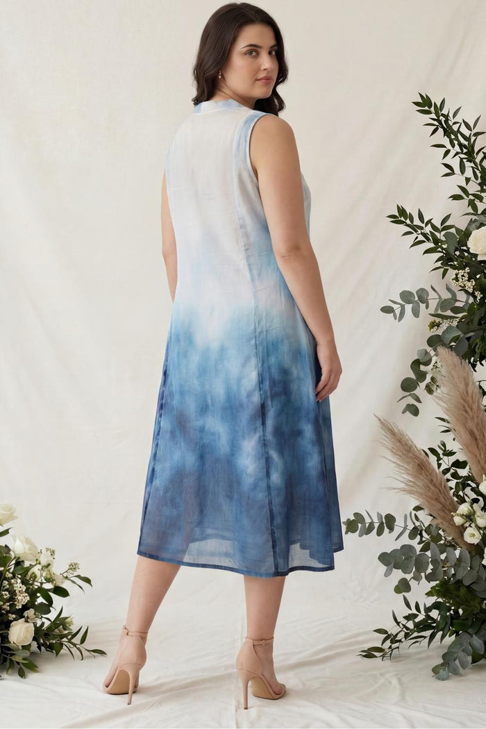 Plus Size Blue Ombre Sleeveless Cotton Midi Dress