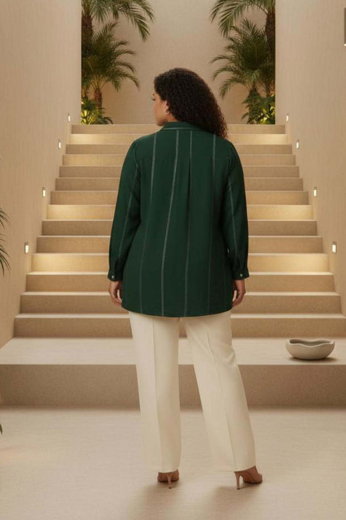 Plus Size Emerald Green Golden Pin Striped High Slit Longline Shirt