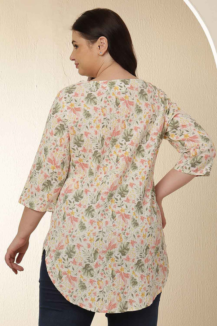 Plus Size Floral Print V Neck Cotton Top