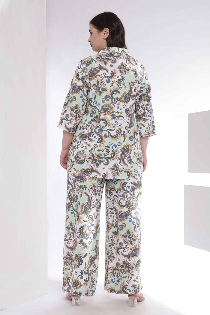 Plus Size Green Paisley Print Shirt Coord Set