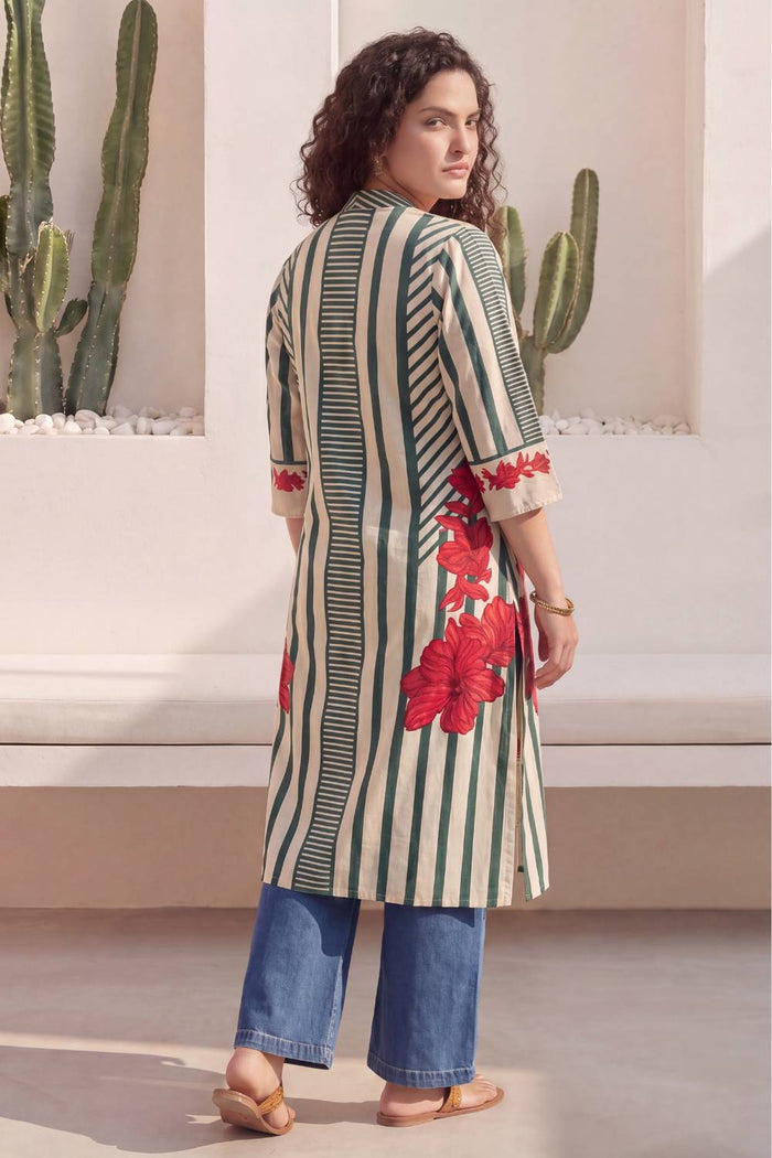 Plus Size Green Stripe Floral Print Cotton V-Neck Kurta