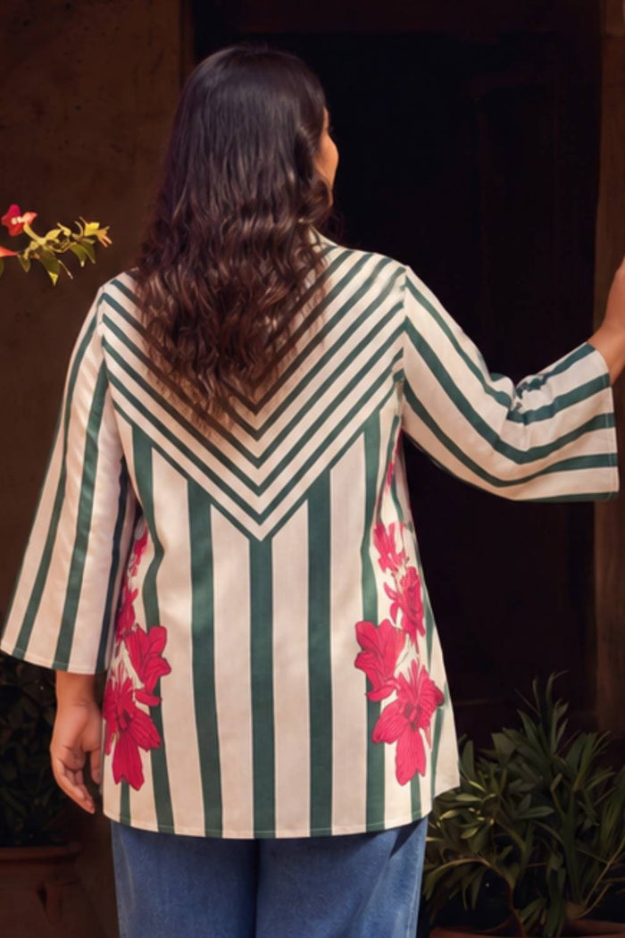 Plus Size Green Stripe Floral Printed Cotton Top