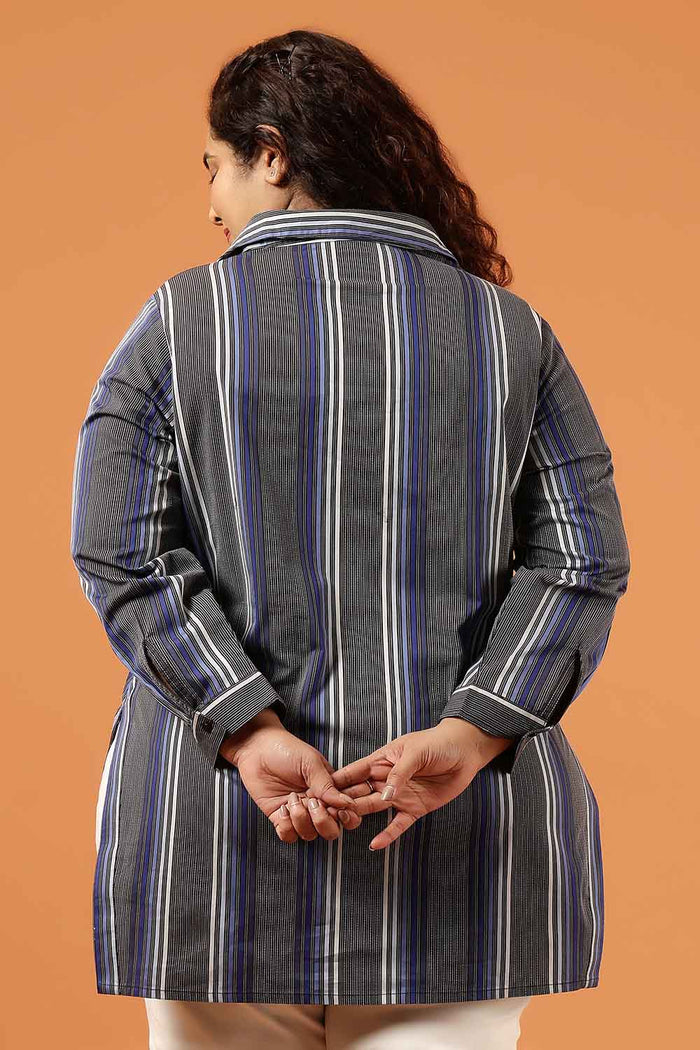 Plus Size Grey & Blue Striped Cotton High Slit Longline Shirt