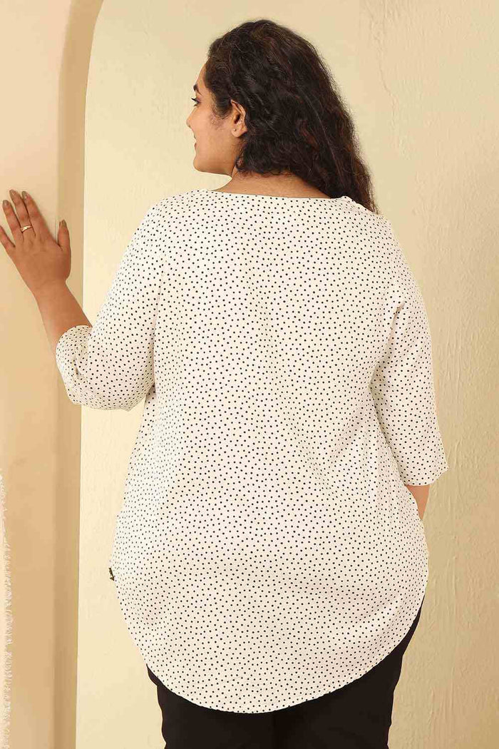 Plus Size Ivory Polka Print Cotton V Neck Top