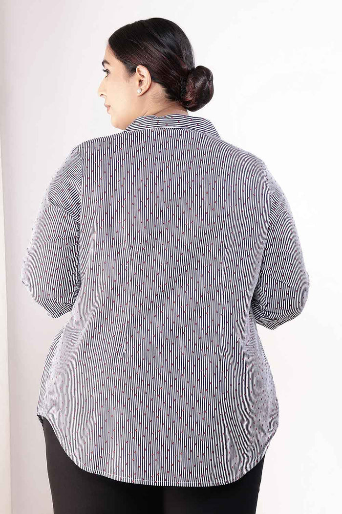Plus Size Little Beatle Striped Cuban Collar Cotton Shirt