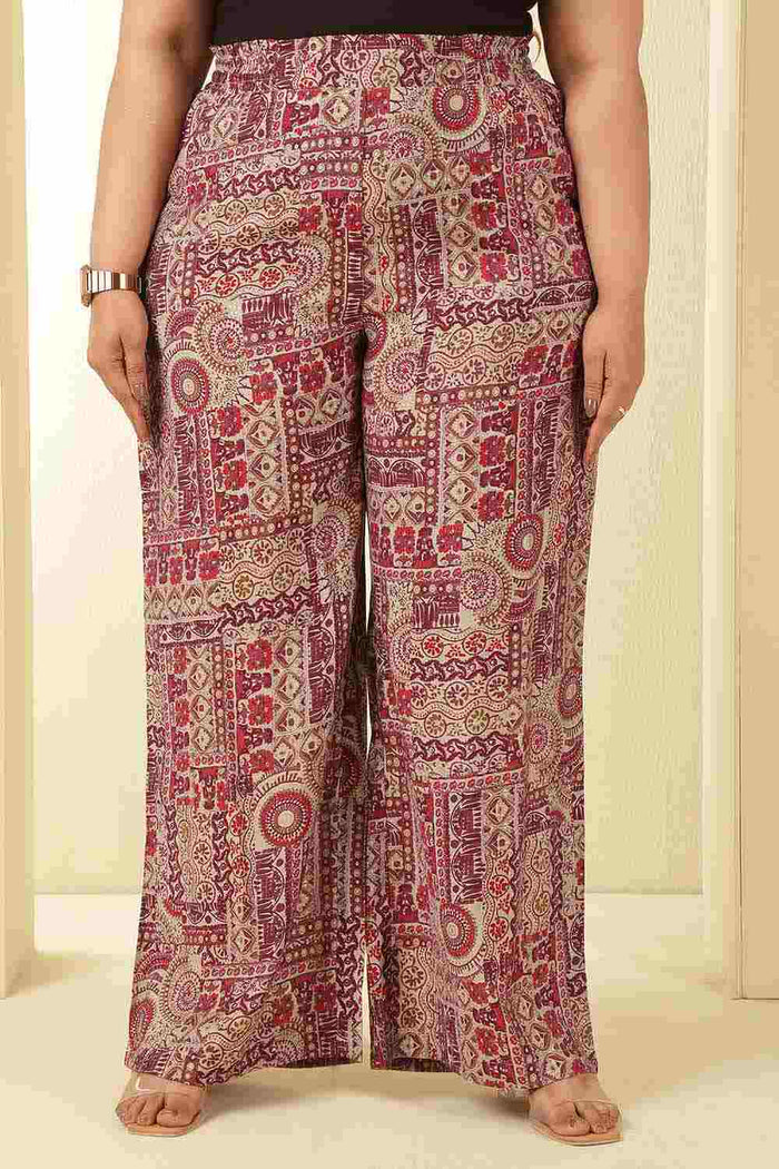 Plus Size Maroon Ethnic Print Rayon Muslin Kurta Coord Set