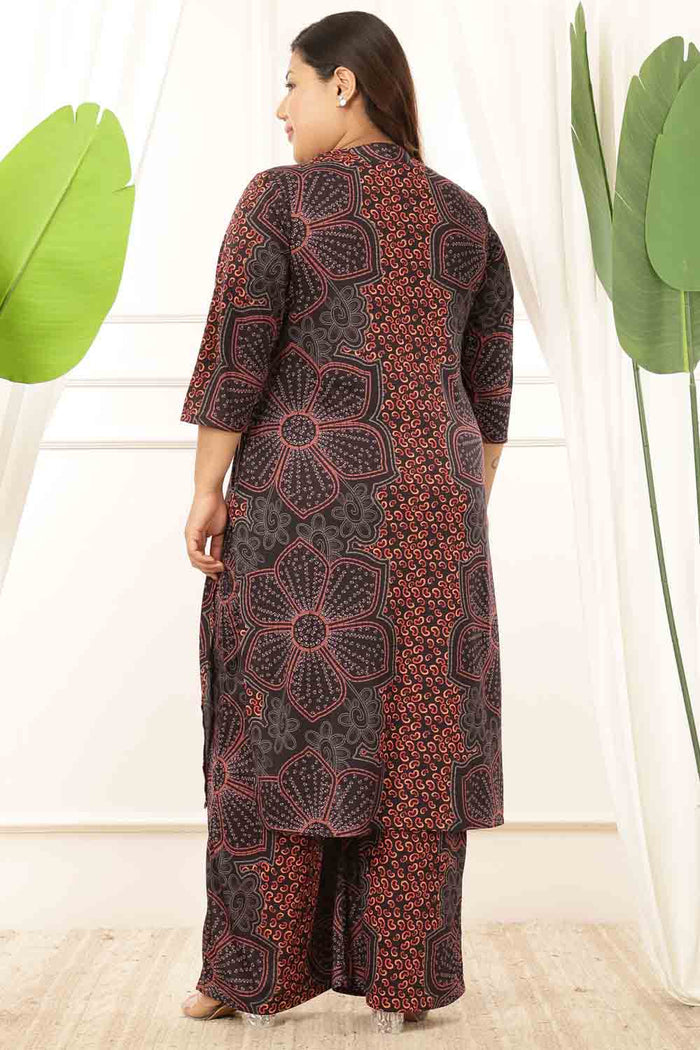 Plus Size Maroon Floral V Neck Kurta Coord Set