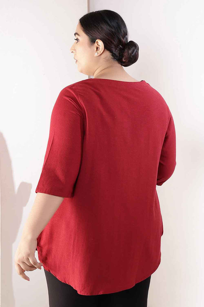 Plus Size Maroon V-Neck Cotton Linen Top