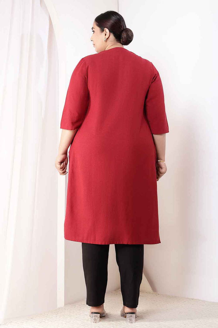 Plus Size Maroon V-Neck Cotton Linen V Neck Kurta