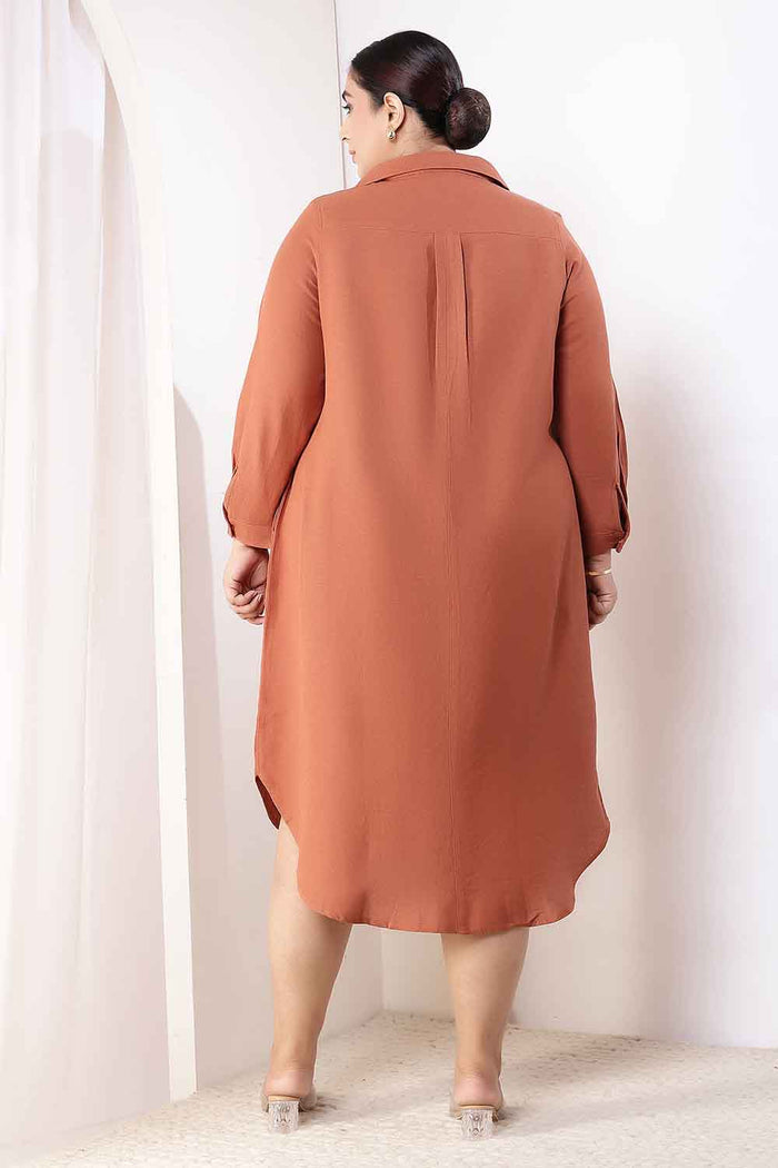 Plus Size Mocha Brown Cotton Linen Shirt Dress