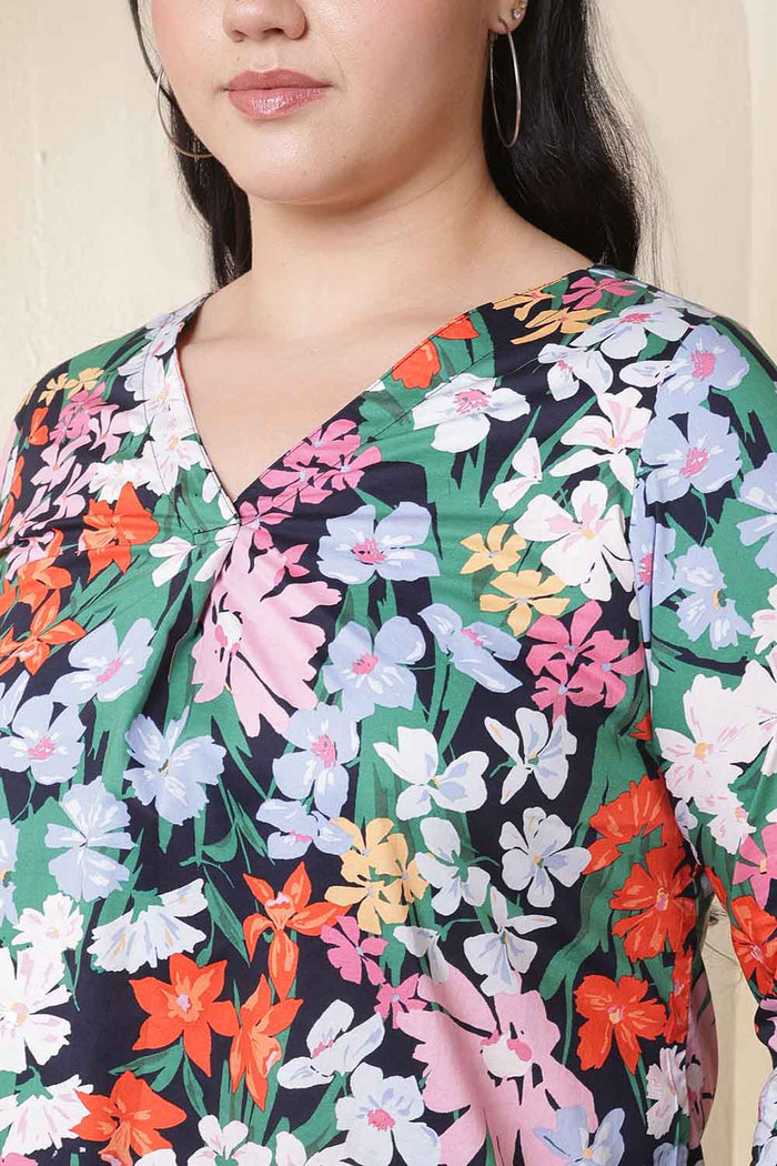 Plus Size Multicolor Floral Print V Neck Cotton Top