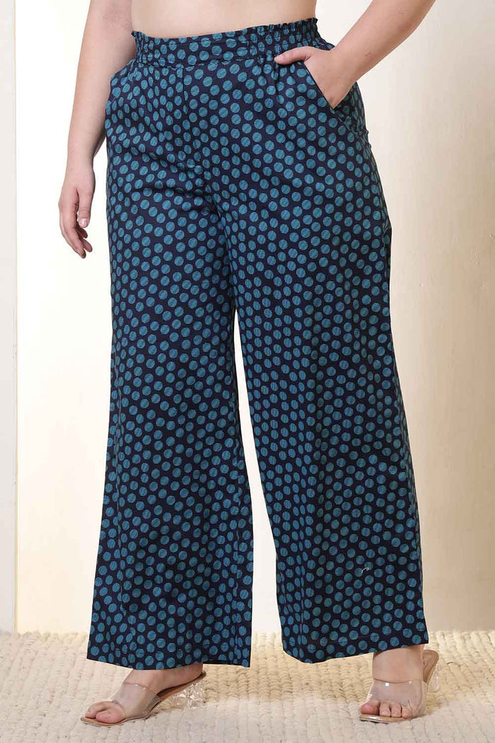 Plus Size Navy & Teal Polka Print Cotton Shirt Coord Set