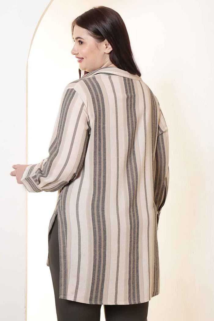 Plus Size Olive Striped High Slit Styled Cuff Cotton Shirt