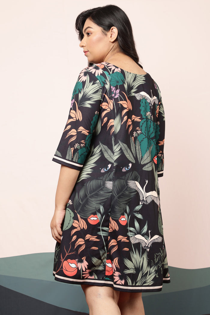 Plus Size Quirky Wildlife Black Printed Dress