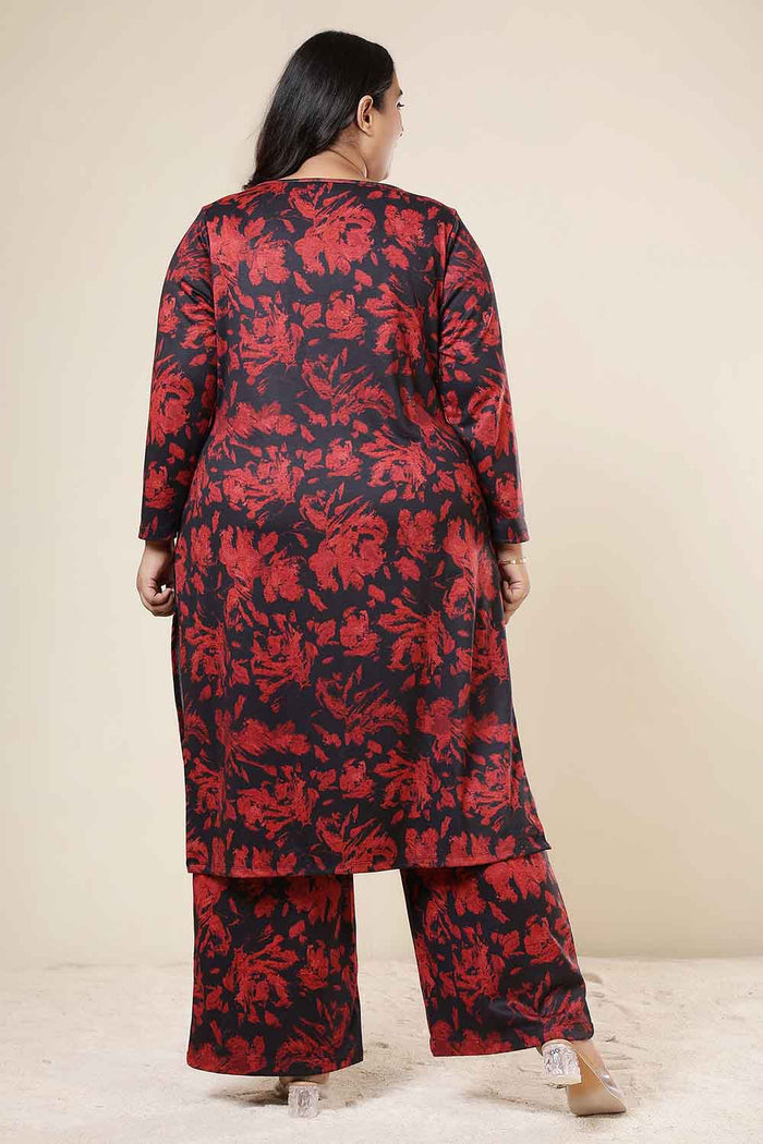 Plus Size Red Floral Kurta SnugWeave™ Winter Coord Set
