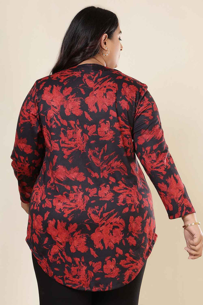 Plus Size Red Floral V Neck SnugWeave Winter Top