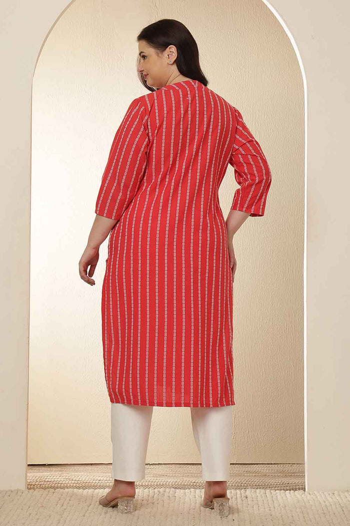 Plus Size Red Stripe Cotton V Neck Kurta