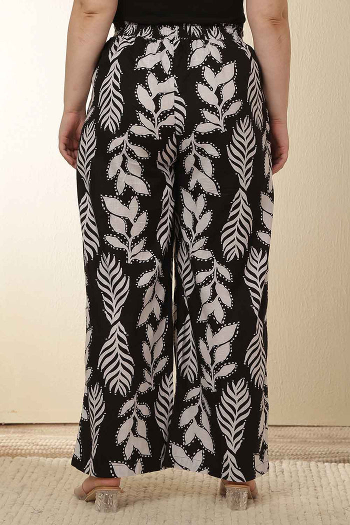 Plus Size White Black Leaf Print Rayon Kurta Coord Set