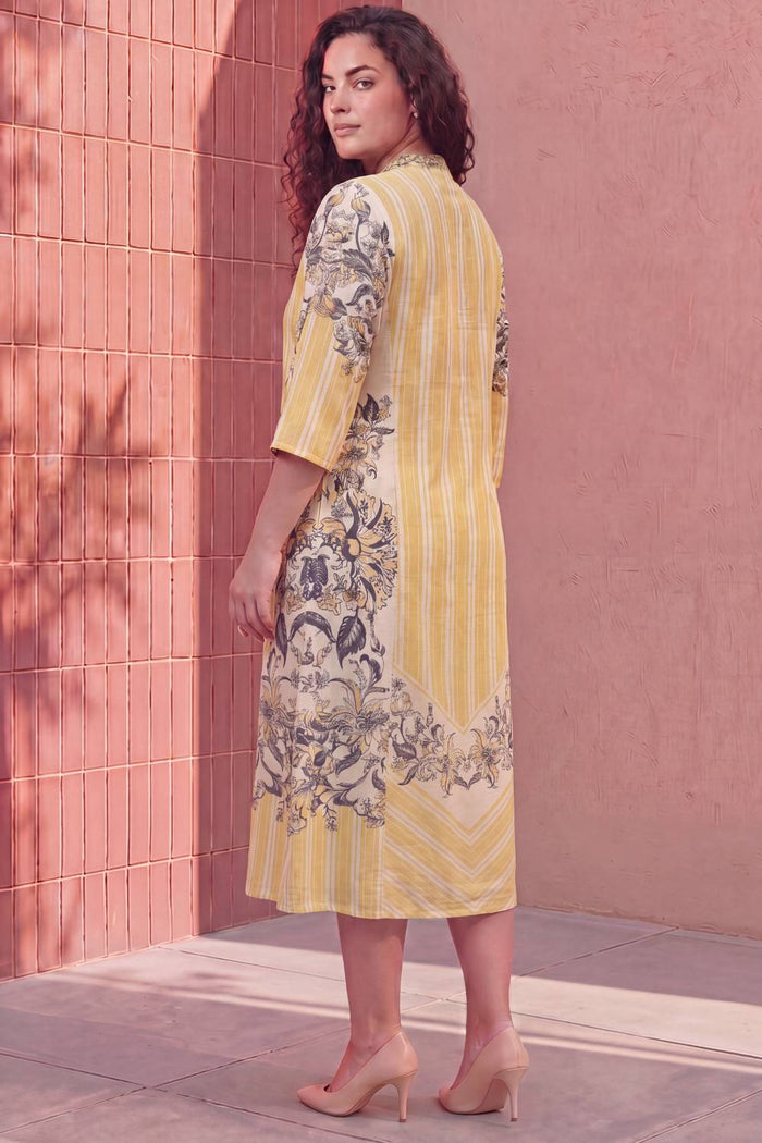 Plus Size Yellow Floral A-Line Cotton Midi Dress