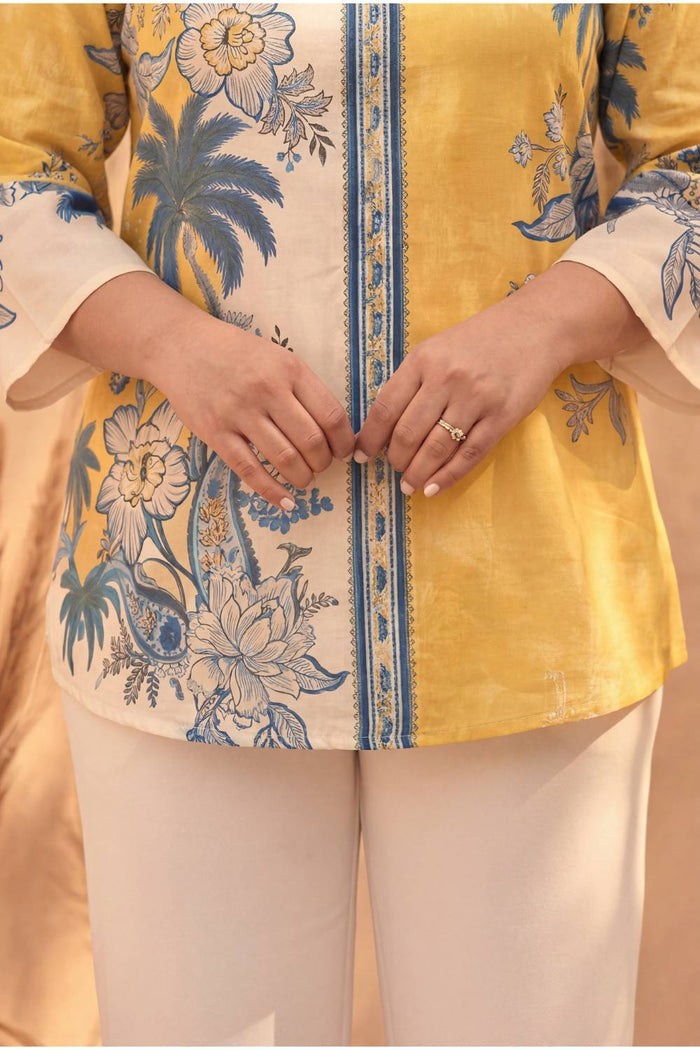 Plus Size Yellow Floral Printed Cotton Top
