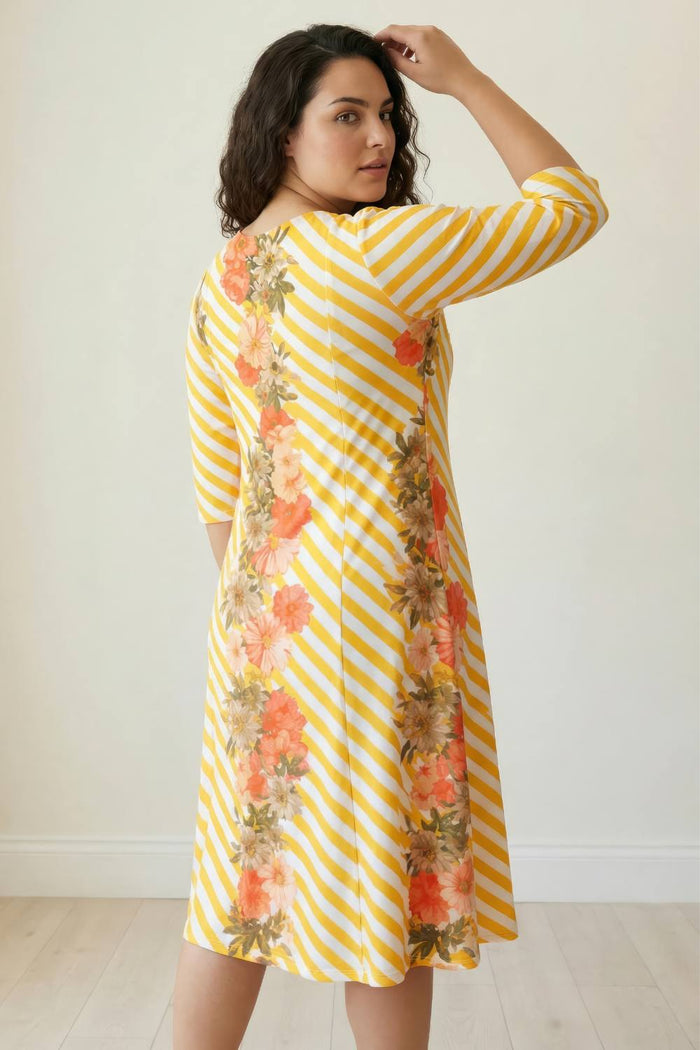 Plus Size Yellow Floral Stripe A line Dress