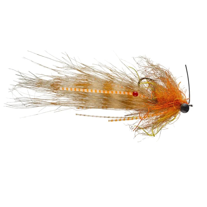 Orange and tan striped Rio Shrimp Tease Light fly with red bead eye on white background