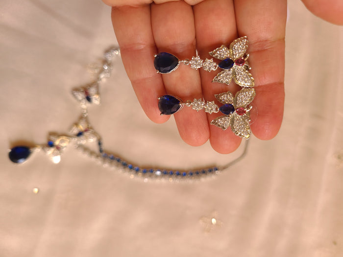 MOHAR delicate royal blue butterfly-motif American Diamond necklace set