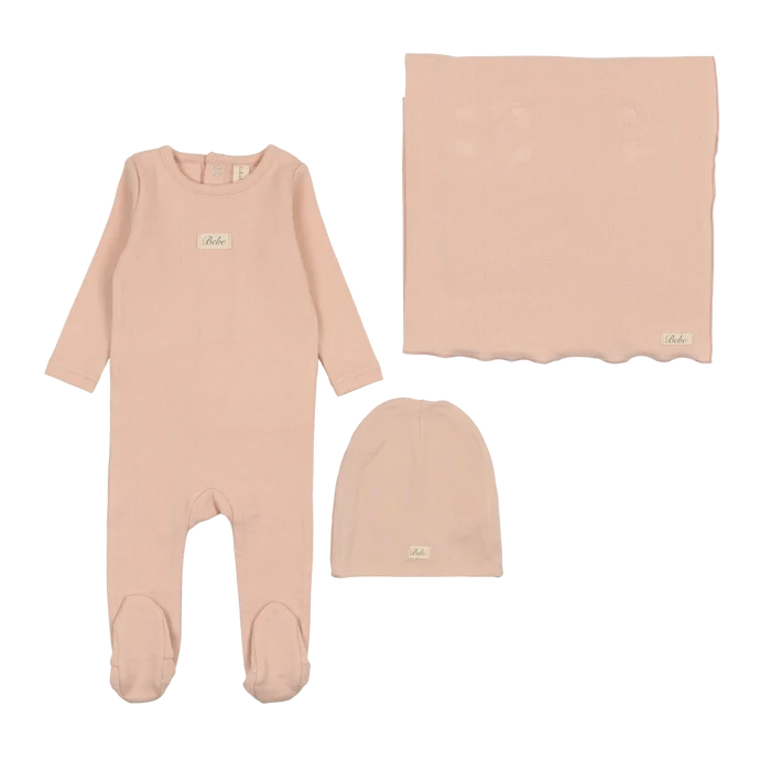 set footie pointelle bebe with beanie and blanket - shell pink