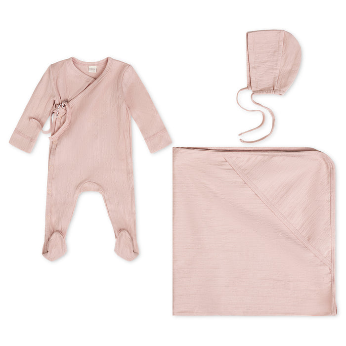 set footie pointelle wrap footie with bonnet and blanket - blush