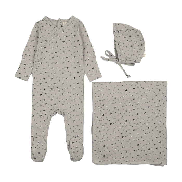 set footie printed wrapover with bonnet and blanket - pale blue