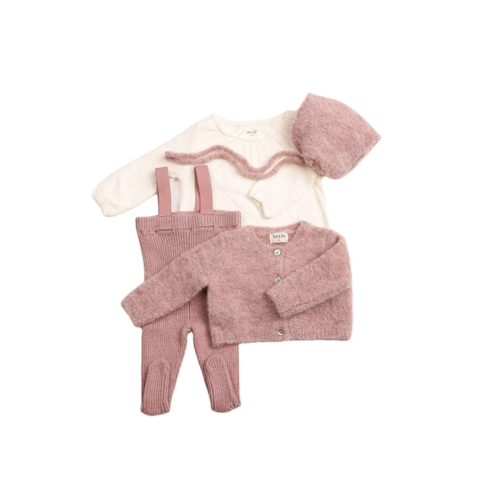 set knit pointelle shirt and rib overalls with wool cardigan and bonnet - old rose