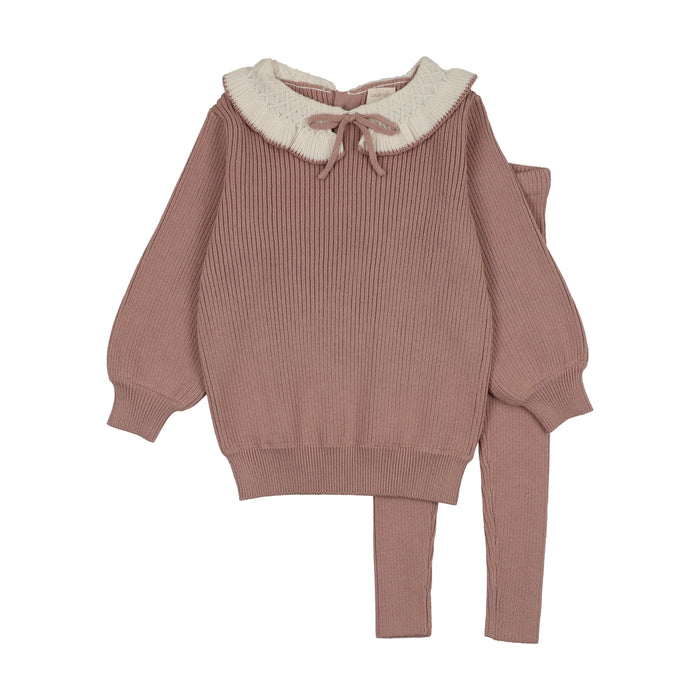 set outfit knit ruffle collar sweater and leggings - dried rose