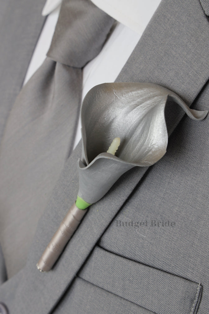 Silk Wedding Bouquet in Silver and Navy - $39.50 | Refuge Collection