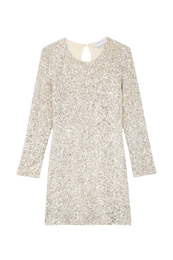 Silver Sequin Mini Soho Dress featuring shimmering sequins, long sleeves and a back keyhole fastening.