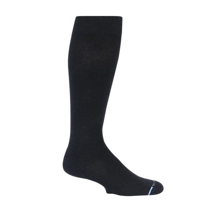 Knee-high black compression sock with a solid design and half cushion support.