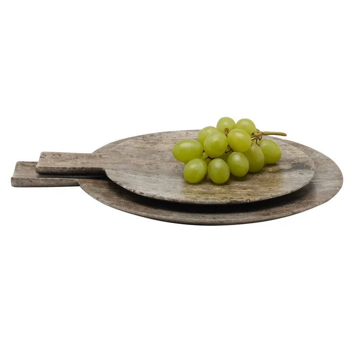 Set of two Blue Pheasant Stassi Gray Travertine round serving boards, elegant and durable for serving cheeses and appetizers.