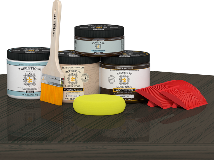Double-sized Charcoal Wood'n Finish Kit stain by Retique It on a tabletop, showing wood grain and dark charcoal finish.