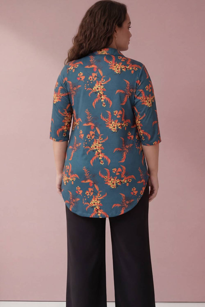 Teal Red Floral Centre Pleat Top