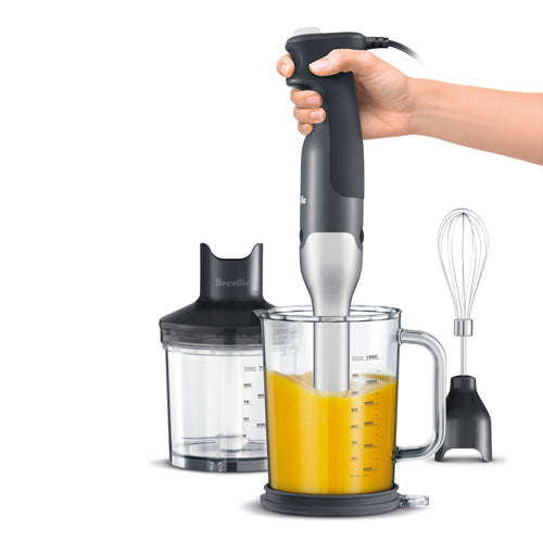 Breville Control Grip immersion blender with ergonomic handle and stainless steel blending attachment.