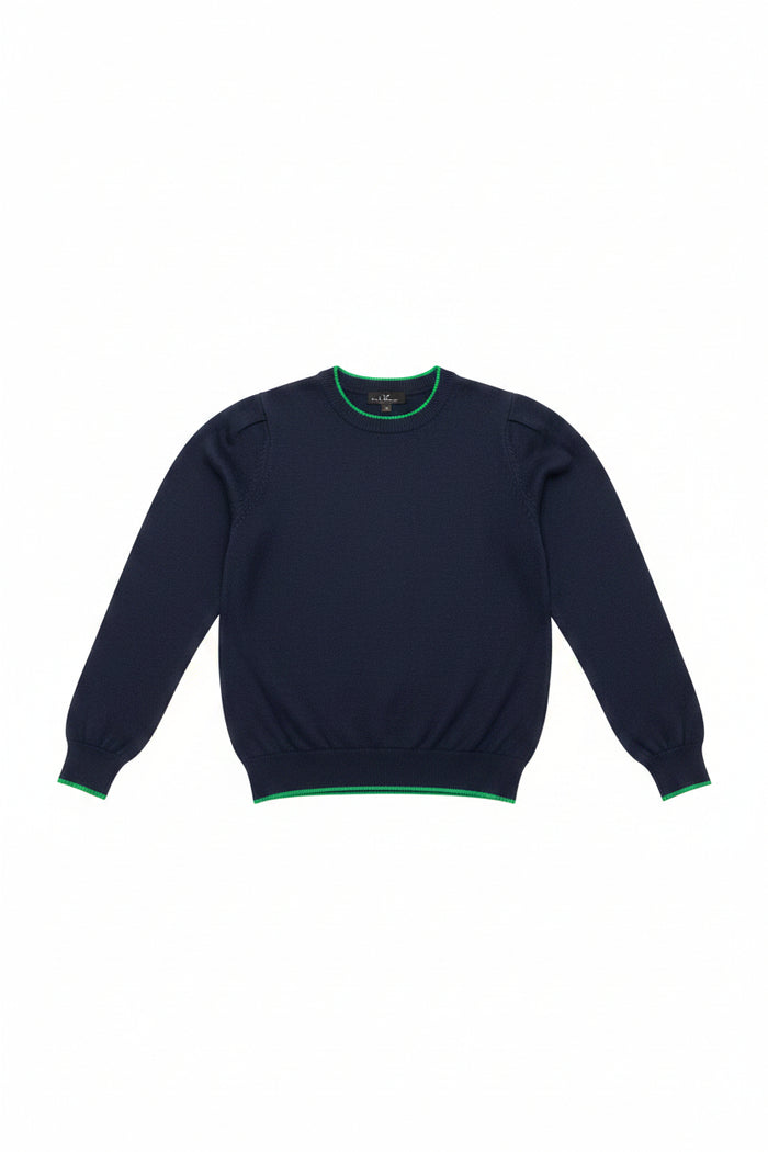 top l/s knit crew neck with green trim - navy