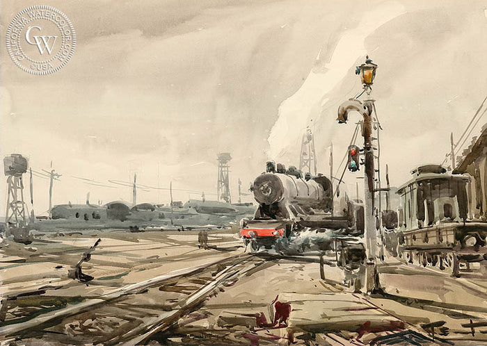 Train Yard, watercolor painting by Emil Kosa Jr. (American art). Original painting and fine art giclée reproduction by California Watercolor for wall decor.
