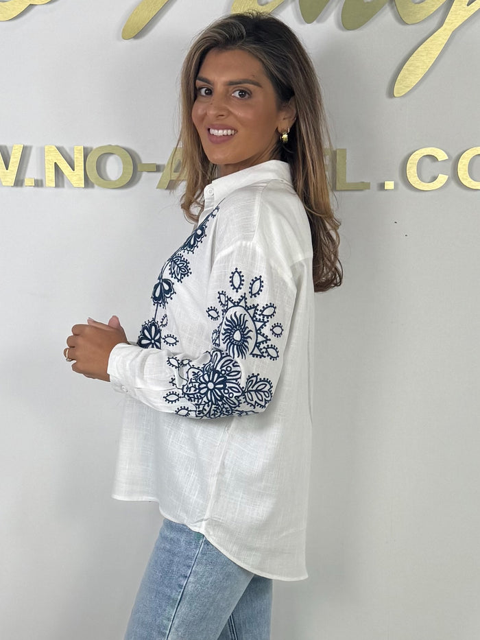 White Navy Flower Embroidered Linen Button Up Shirt
