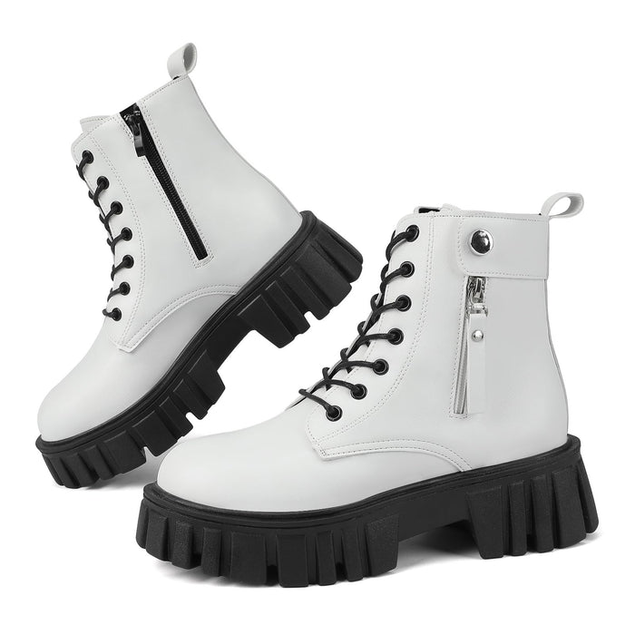 Womens Boots Ankle Boots Ladies Classic Lace-up Chunky Boots Side Zipper Platform Casual Boot Shoes