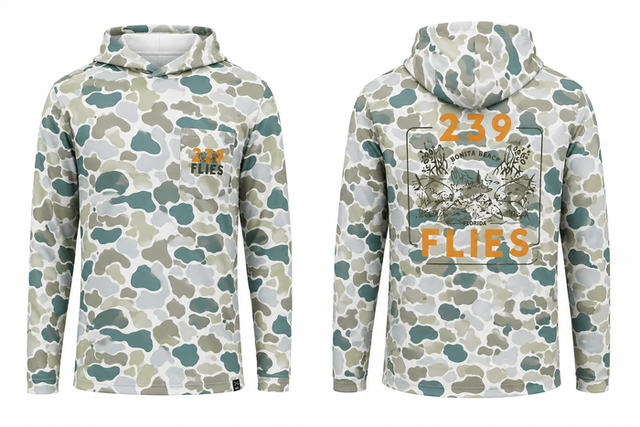 239Flies Technical Fishing Sun Hoody in Stone Camo with UPF 40 protection and alligator graphic