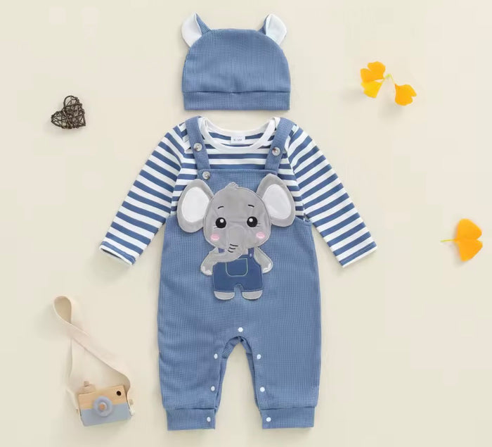 3Pcs Outfit Cute Baby Clothes Long Sleeve Striped Romper Animal Embroidery Overalls Hat
