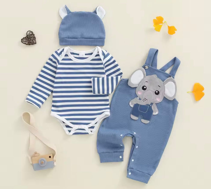 3Pcs Outfit Cute Baby Clothes Long Sleeve Striped Romper Animal Embroidery Overalls Hat