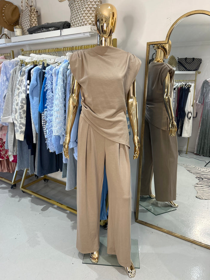 Camel Asymmetric Pleated Shoulder Pad Top & Trouser Co-Ord