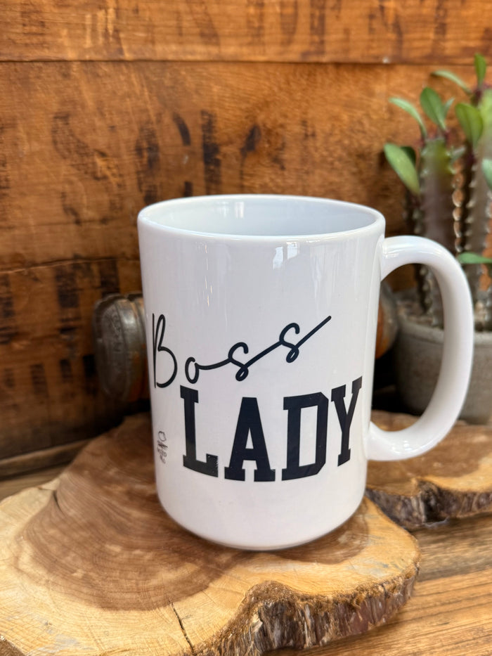 White ceramic mug featuring "Boss" script above large "LADY" lettering
