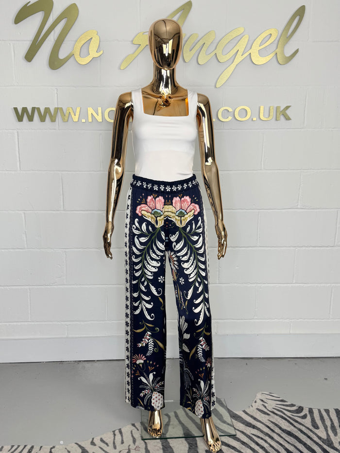 Leaf Flower Printed Elasticated Waist Satin Trousers (2 Colours)